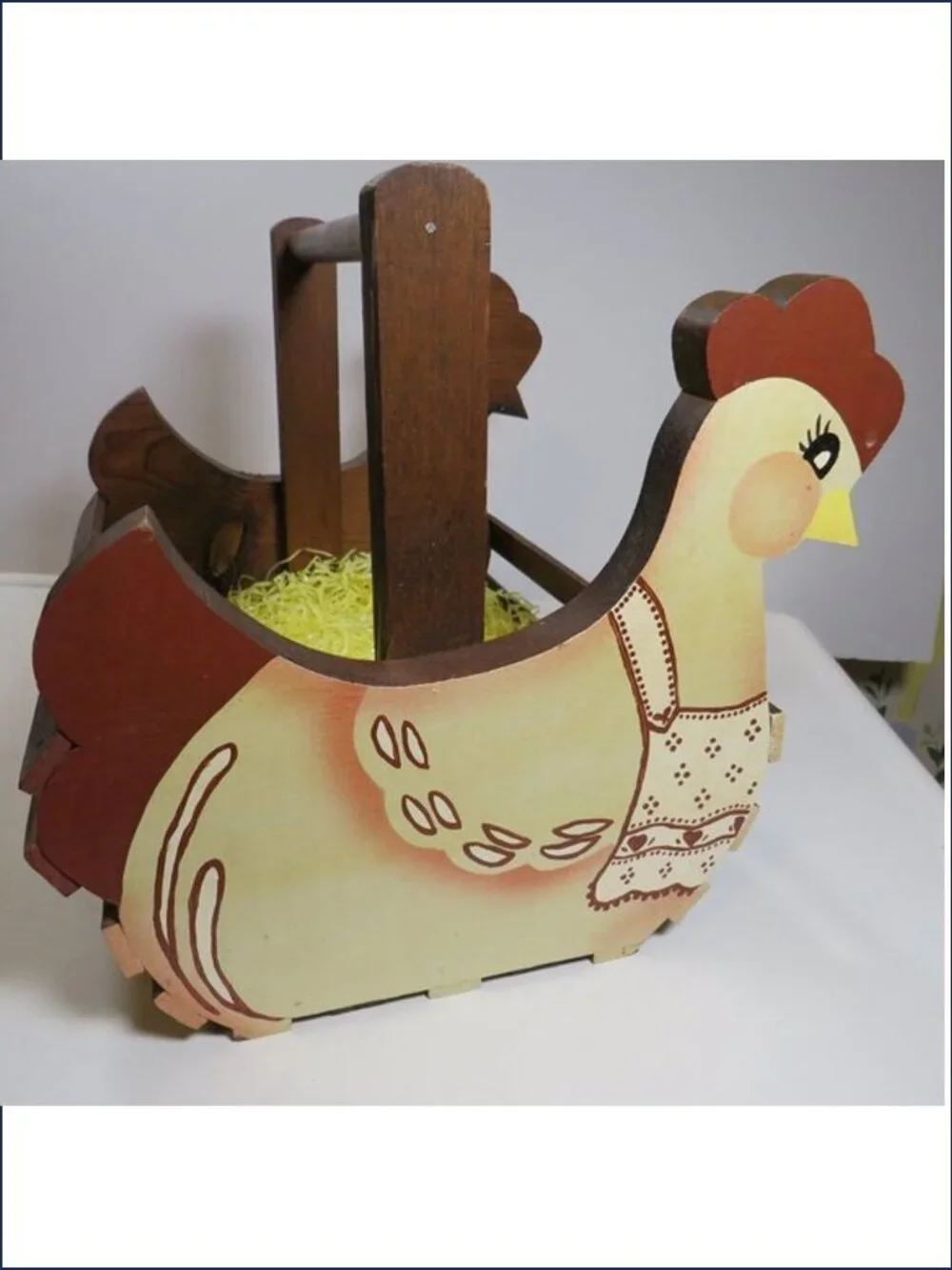 Vintage chicken hen basket slatted all wood hand painted FARMHOUSE farm Easter